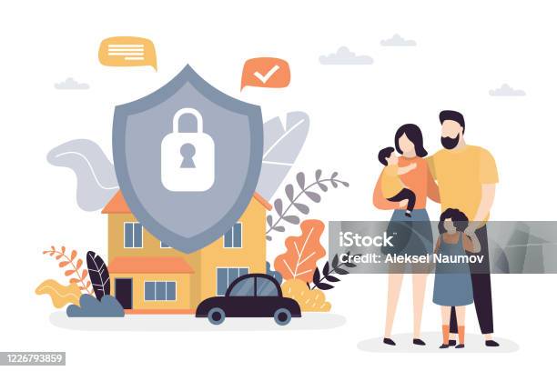 Happy Parents With Children Family Portrait Propertycar And Insurance Protection Shield Assurance Plan Stock Illustration - Download Image Now