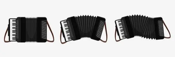 Vector illustration of Set of cartoon classical accordion musical instrument with button and keyboard isolated on white