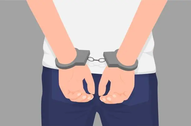 Vector illustration of Cartoon crime man hands in handcuff at back isolated. Close up law perpetrator at prison