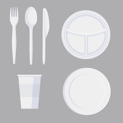 Set of cartoon plastic tableware in minimalist style isolated on white