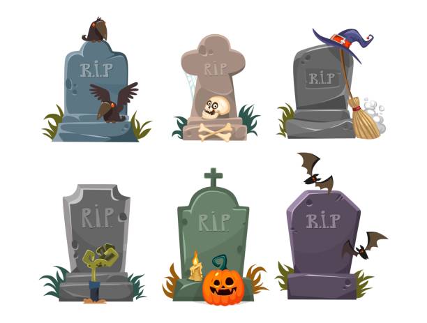 Set of gravestones with rest in peace inscription Set of gravestones with rest in peace inscription vector illustration. Old tomb collection cartoon design. Ancient rip. Halloween elements for decor concept. Isolated on white background tombstone stock illustrations