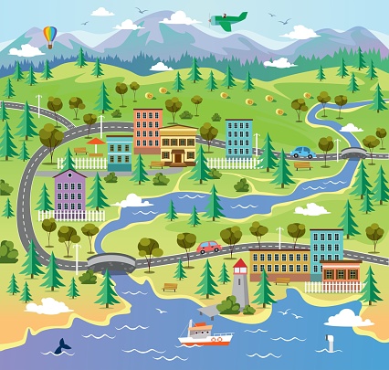 City landscape with building parks and roads vector illustration. Town surrounded by nature flat style. River with sea creatures and boat. Hot air balloon and airplane in sky