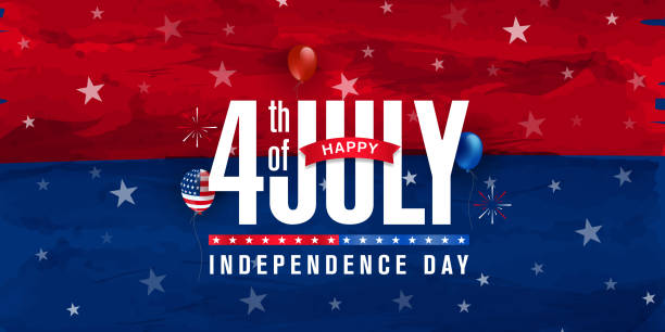 happy 4th of july, independence day gruß design auf rot & blau aquarell mit stern, ballon & feuerwerk platzen. vektor-illustration. - number vibrant color transparent blue stock-grafiken, -clipart, -cartoons und -symbole