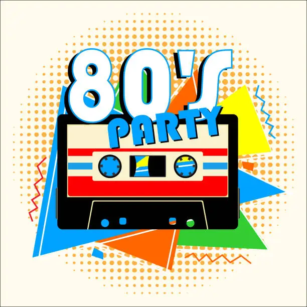Vector illustration of Retro 80's Music Party and Vintage Music Cassette Poster in Retro Design Style. Disco Party 80's.