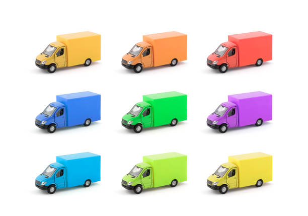 Group of colorful cargo delivery trucks on white background