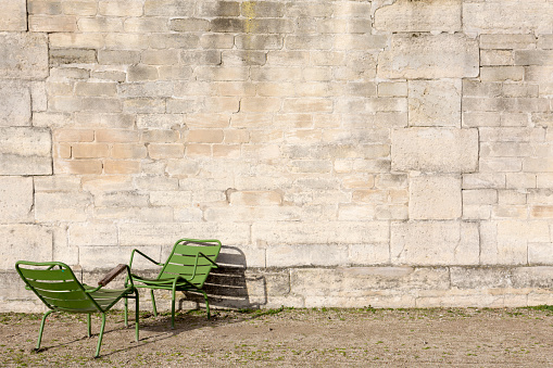 Tuileries Garden Paris in Winter with Stone Wall and Empty Chairs