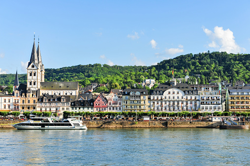 Boppard, Germany, June 7, 2009:  A view across the River Rhine and  town of  Boppard in Germany.  Boppard is a town on the middle of the Rhine river  which flows through an area known as the Rhine valley  and is popular with tourists from all over the world.