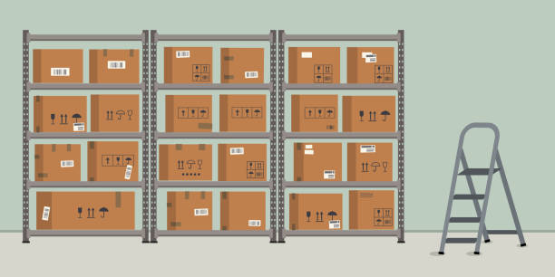 Warehouse. Storage. Shelvings with cardboard boxes Warehouse. Storage. Shelvings with cardboard boxes. Warehouse racks. There is also step ladder in the picture. Vector flat illustration cardboard illustrations stock illustrations