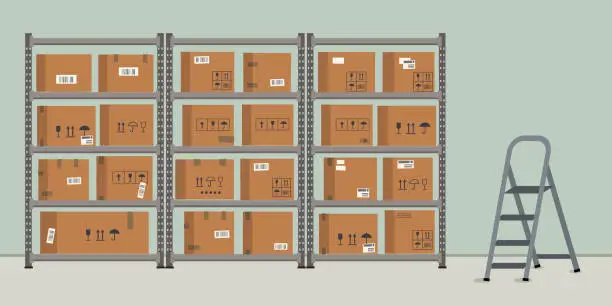 Vector illustration of Warehouse. Storage. Shelvings with cardboard boxes