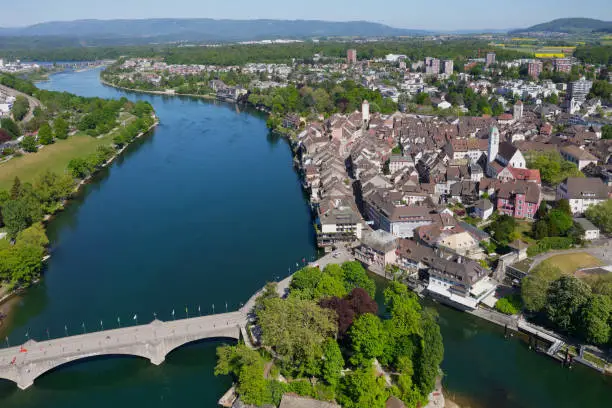 aerial view of Rheinfelden (Switzerland + Germany) and Rhine river