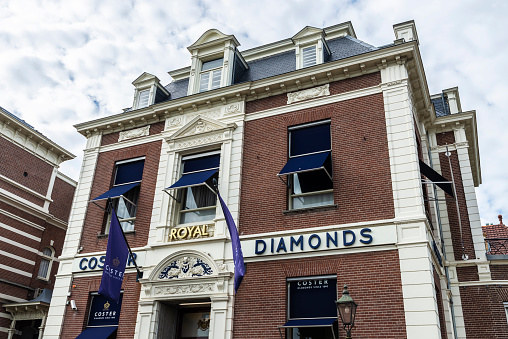 Amsterdam, Netherlands - September 9, 2018: Facade of the headquarters of the Royal Coster Diamonds, the oldest diamond polishing factory, in Amsterdam, Netherlands