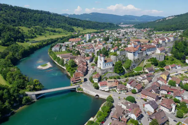 aerial view of Aarburg, an idyllic village along the Aare River in Switzerland