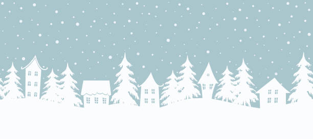 Christmas background. Fairy tale winter landscape. Seamless border Christmas background. Fairy tale winter landscape. Seamless border. There are white houses and fir trees on a gray blue background. Winter village. Vector illustration landscape scenery patterns stock illustrations
