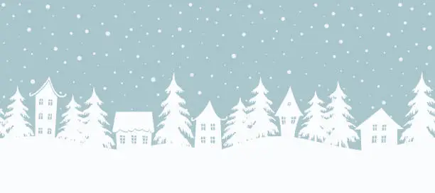 Vector illustration of Christmas background. Fairy tale winter landscape. Seamless border
