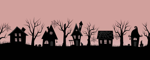 萬聖節房子令人毛骨悚然的村莊。粉紅色背景上的無縫邊框 - haunted house 幅插畫檔、美工圖案、卡通及圖標