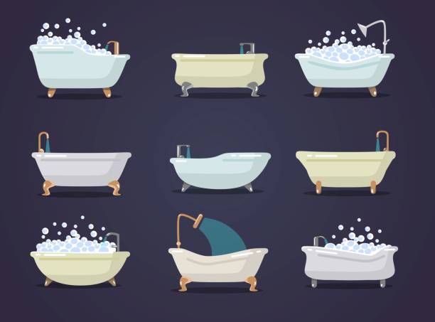 Set of different types of cute bath tubes Set of different types of cute bath tubes vector illustration. Luxury bathtubes with foam and golden details flat design. Bathroom concept. Isolated on navy background bathtub stock illustrations