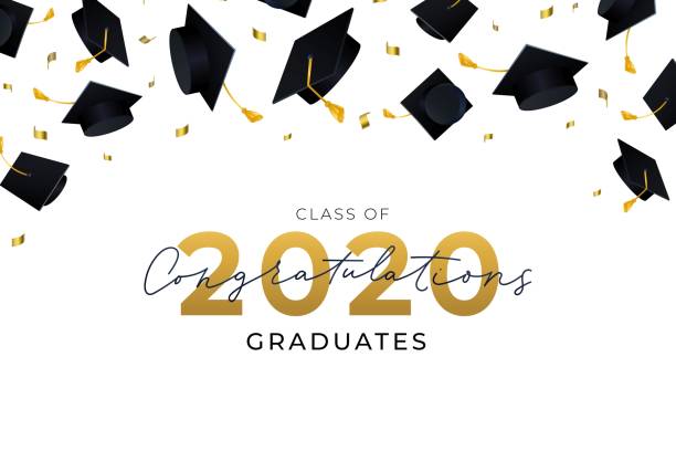 Congratulations graduates hats flying in air Congratulations graduates hats flying in air vector illustration. Class of 2020 flat style. Golden numbers. Finished education concept. Isolated on white background graduation symbols stock illustrations