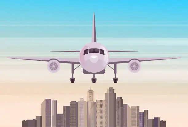 Vector illustration of Airplane fly above city buildings concept. Vector flat cartoon graphic design illustration