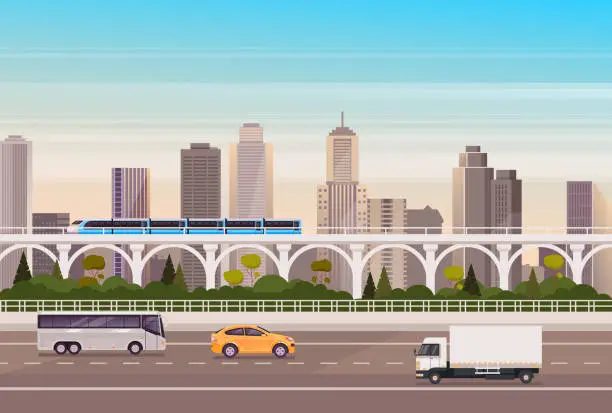 Vector illustration of City transport car, bus, train concept. Vector flat cartoon graphic design illustration