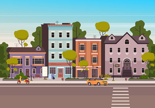 Small city town street concept. Vector flat graphic design cartoon