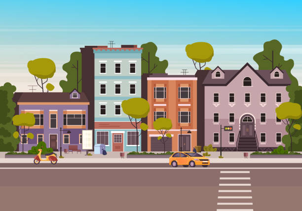 Small city town street concept. Vector flat graphic design cartoon illustration Small city town street concept. Vector flat graphic design cartoon financial district stock illustrations