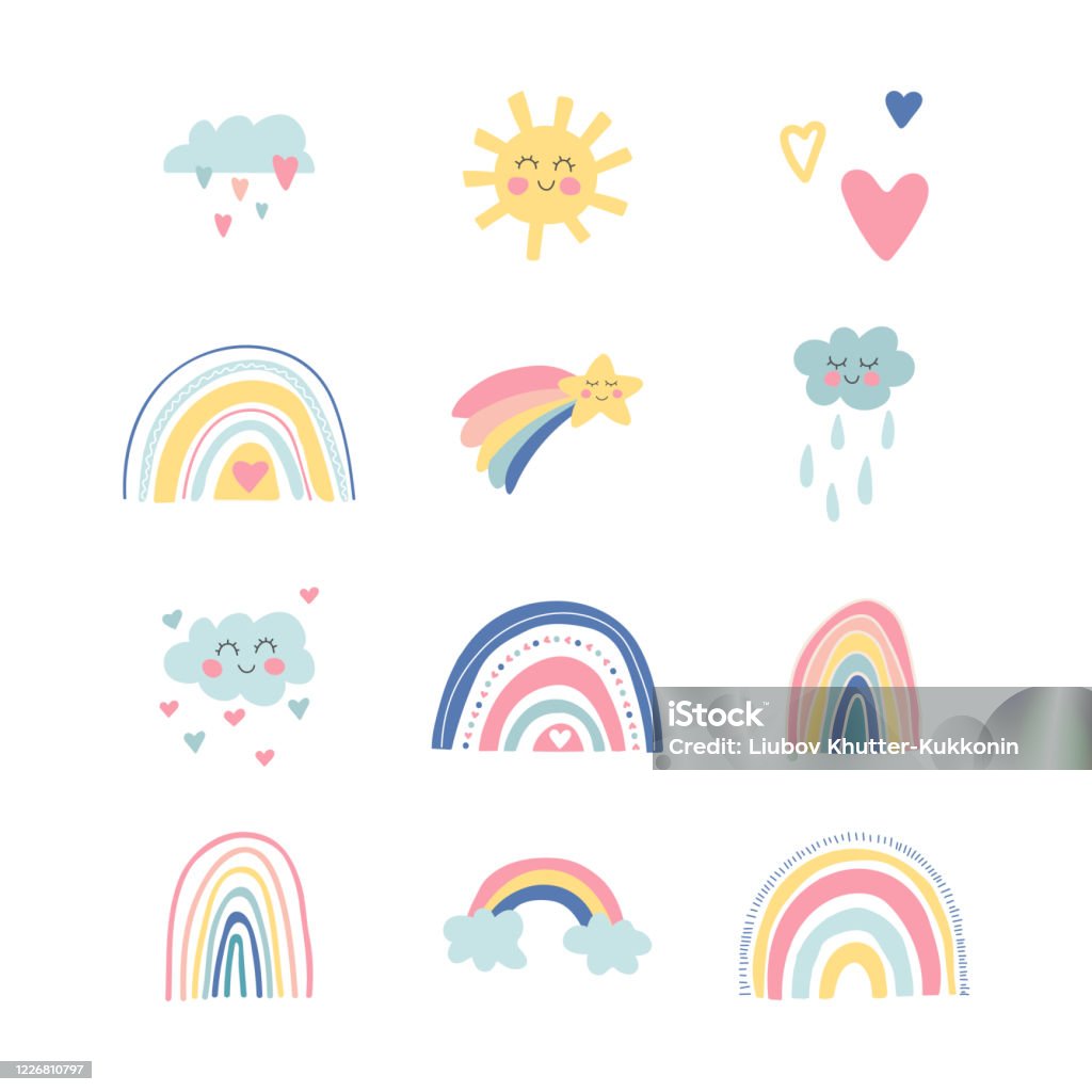 Cute Kids Nursery Set Hand Drawn Rainbows Sun Funny Clouds Stars Hearts Sky  Background Baby Shower Lovely Cartoon Rainbows For Wallpaper Fabric  Wrapping Apparel Vector Illustration Stock Illustration - Download Image  Now -