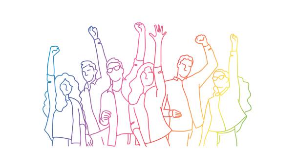 Happy people raised arms. Happy people raised arms. Rainbow colors in linear vector illustration. public celebratory event stock illustrations