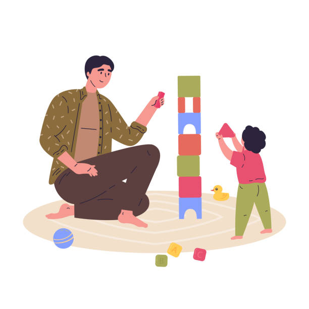 A father builds a tower of cubes with his child Young father builds a tower of cubes with his child.Block game for children.Father and baby spend time together.Hand drawn style.Character design.Colorful vector illustration in flat cartoon style. parent illustrations stock illustrations