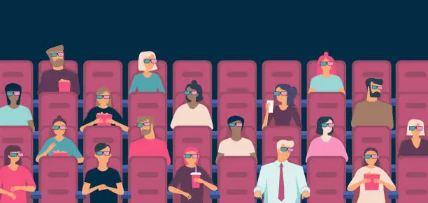 Vector illustration of People watching movie in cinema hall eating popcorn wearing  3D glasses.Social distancing concept in public places after covid-19 coronavirus pandemic