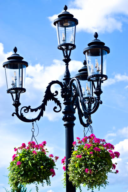 Close up. Beautiful flower baskets hanging on the street light. Created in Orlando, FL, 02/23/2020