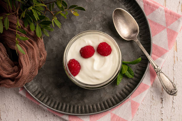 istock Yoghurt with raspberries on a metal plate 1226818791