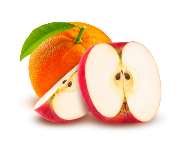 istock Red Apples and Ripe Orange with Green Leaf isolated on white background 1226819848
