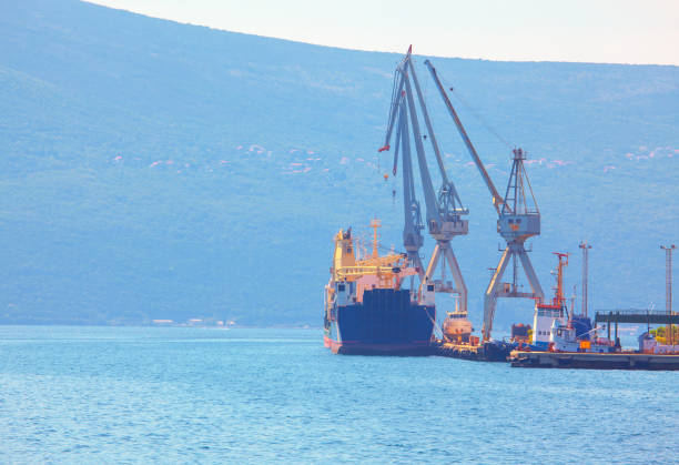 sea port with industrial cranes