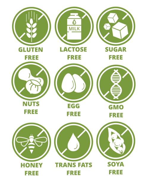 Collection of ingredient warning label icons Collection of ingredient warning label icons. Set of allergen free green round emblems without gluten, lactose, sugar, nuts, eggs, gmo, honey, trans fats, soya flat style. Diet, organic concept gluten free stock illustrations
