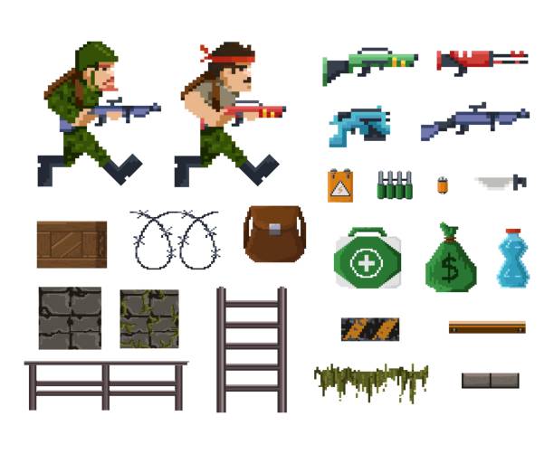 пиксель арт-объектов и персонажей для шутер игры - pixelated people retro revival video game stock illustrations