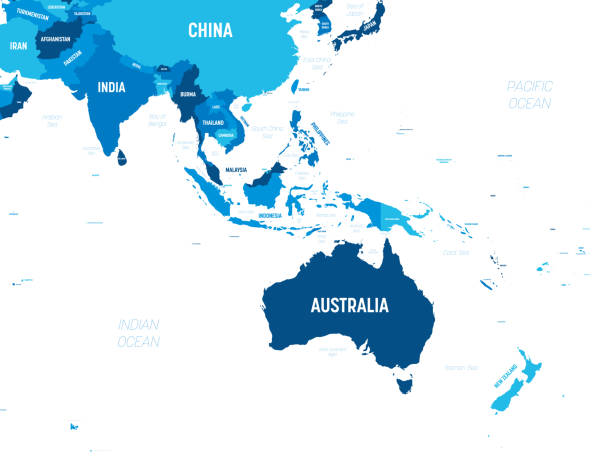 ilustraciones, imágenes clip art, dibujos animados e iconos de stock de mapa de australia y el sudeste asiático - tono verde coloreado sobre fondo oscuro. mapa político detallado de la región de asia australiana y sudoriental con etiquetado de nombres de países, capitales, océanos y mares - sudoriental