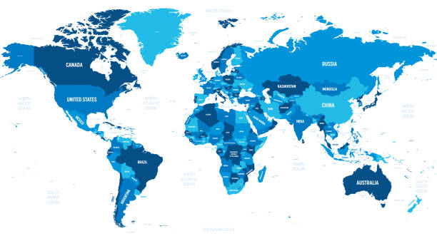 illustrations, cliparts, dessins animés et icônes de carte du monde - teinte verte colorée sur fond foncé. carte politique détaillée élevée du monde avec l’étiquetage des noms de pays, de capitale, d’océan et de mer - étiqueter