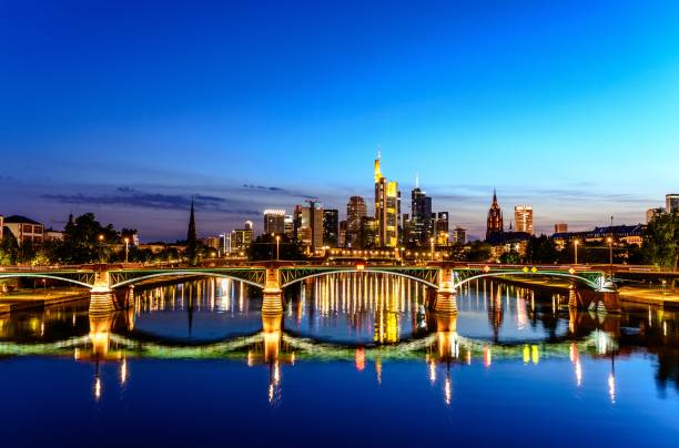 istock Beautiful view on  Frankfurt am Main (european finance center city) downtown skyline cityscape during twilight blue hour, sunset, evening, night. Travel in Hessen. Hesse, Germany 1226821746