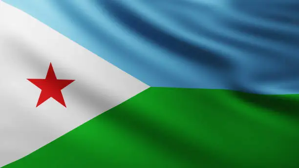 Large Flag of Republic of Djibouti fullscreen background in the wind with wave patterns