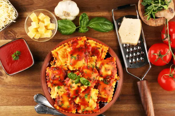 Ravioli with tomato sauce and basil. Homemade italian ravioli for dinner