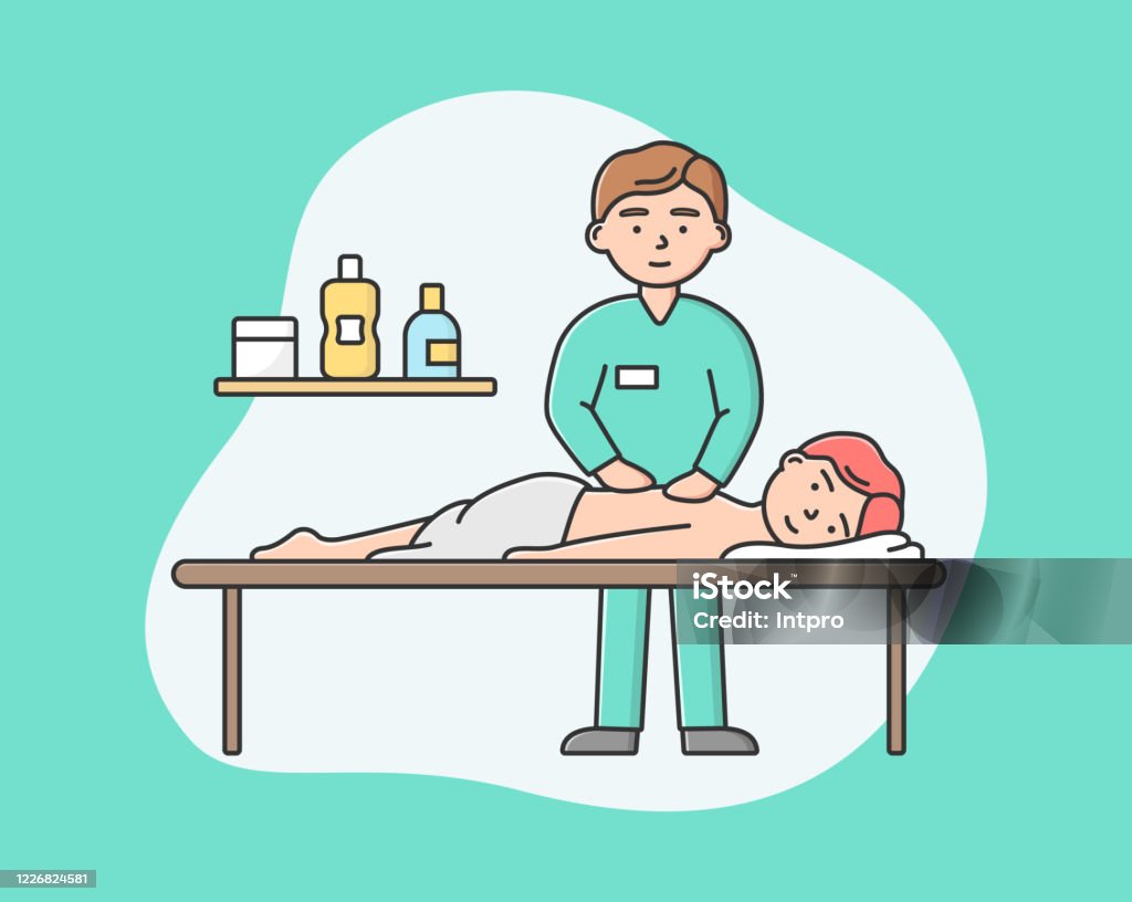 Concept Of Health Care And Beauty Young Man Masseur Is Giving A Massage  Customer In Spa Center Boy Visit Beauty Salon And Do Spa Procedures Cartoon  Linear Outline Flat Style Vector Illustration