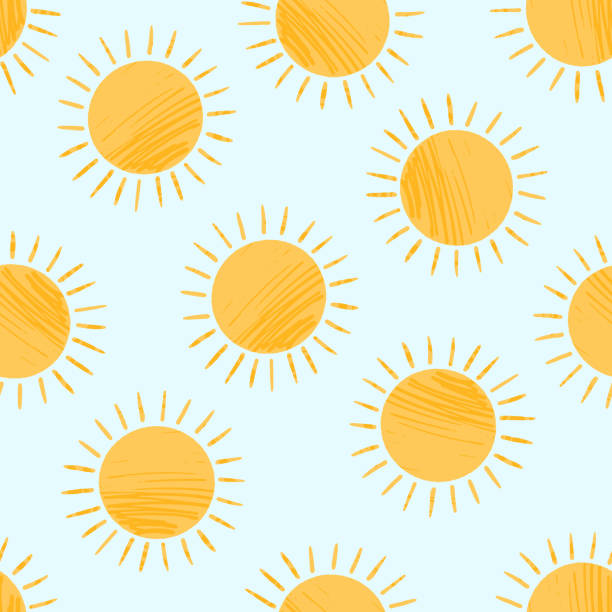 Cute textured cartoon yellow sun pattern Seamless pattern with cute textured cartoon yellow shiny suns on blue sky. Funny vector sun texture for kids textile design, wrapping paper, surface, wallpaper, background fun illustrations stock illustrations
