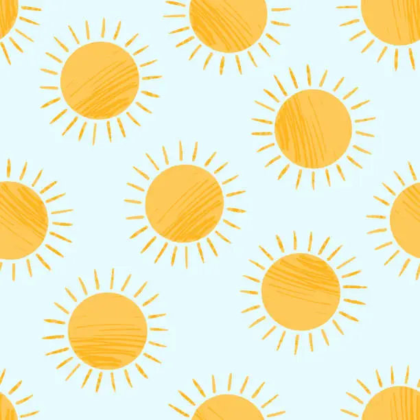 Vector illustration of Cute textured cartoon yellow sun pattern
