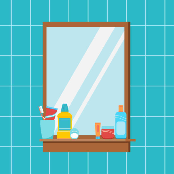 Mirror in bathroom with hygiene accessories on shelf. Mirror in bathroom with hygiene accessories on shelf. Home interior scene background - square mirror with toothpaste, toothbrush, cosmetic cream, dental floss. Flat design cartoon vector illustration. vanity mirror stock illustrations
