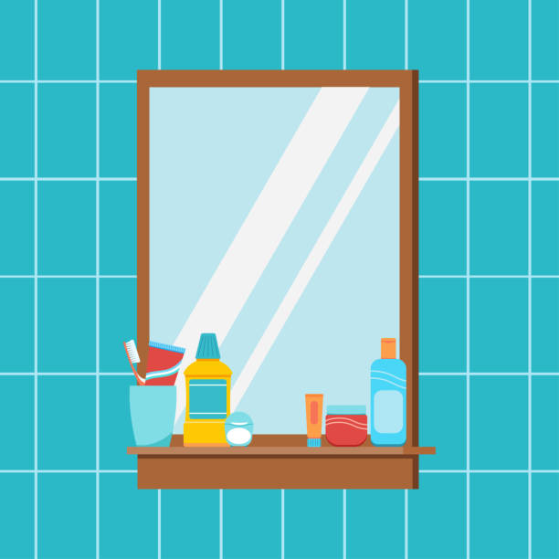 Mirror in bathroom with hygiene accessories on shelf. Mirror in bathroom with hygiene accessories on shelf. Home interior scene background - square mirror with toothpaste, toothbrush, cosmetic cream, dental floss. Flat design cartoon vector illustration. cartoon of the bathroom mirrors stock illustrations