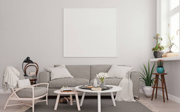 istock White mock up poster frame on wall with gray sofa in modern interior background, living room, Scandinavian style, 3D render, 3D illustration 1226827308