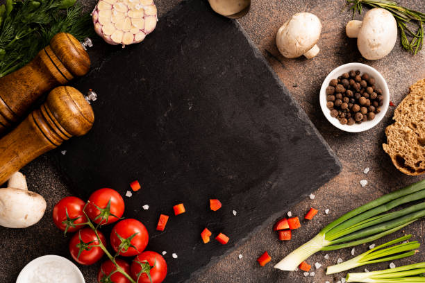istock Empty black stone with set healthy and diet food 1226827404