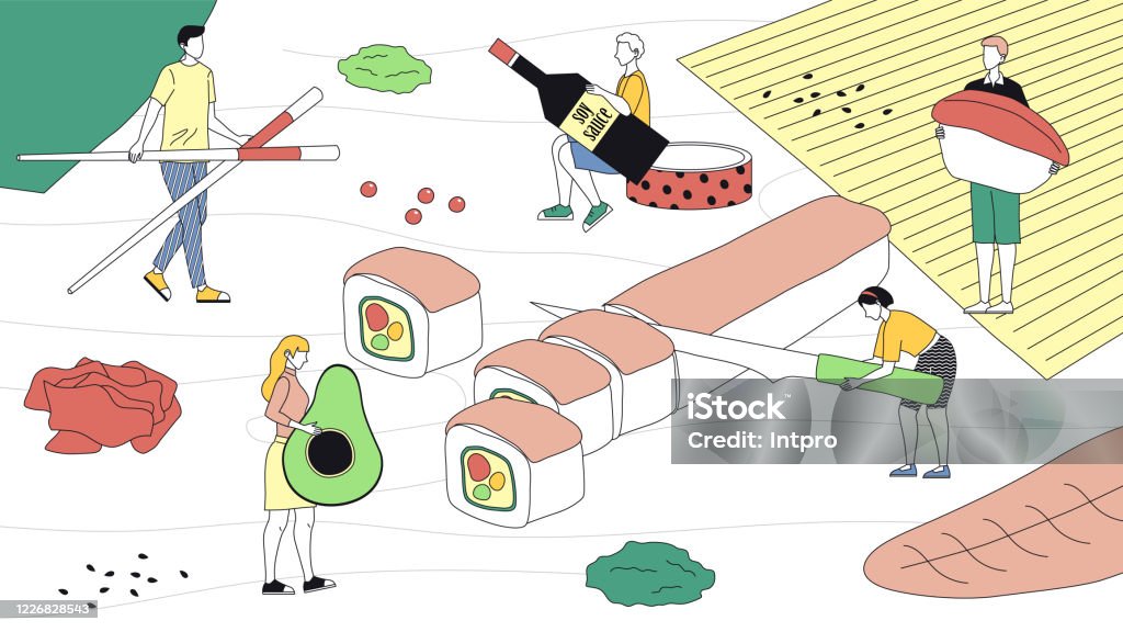 Japanese Traditions And Food Oriental Cuisine Authentic Eastern Culinary  Tiny Characters Cooking Sushi People Bring Ingredients Make Sushi Rolls  Cartoon Linear Outline Flat Vector Illustration Stock Illustration -  Download Image Now - iStock