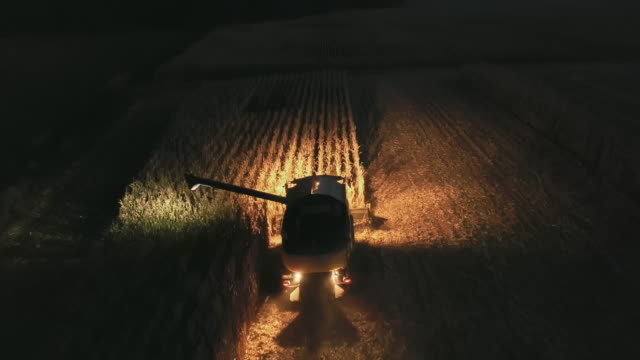 AERIAL Farmer harvesting corn at night