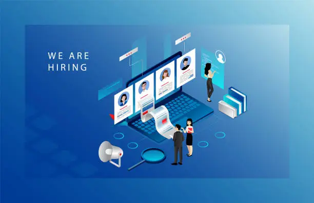 Vector illustration of Isometric Recruitment Agency Concept. Tiny HR Specialists Choose Candidates For Job, Searching CV. Website Landing Page. Employers Searching For Professional Stuff. Web Page 3d Vector Illustration